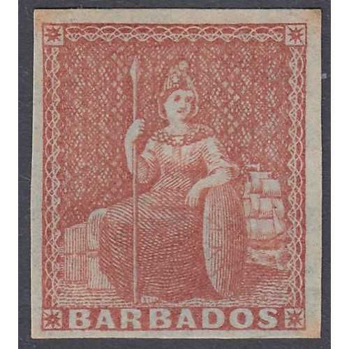 397 - STAMPS BARBADOS : 1852 4d Brownish Red , four margin mounted mint SG 5 (heavy hinge marks)