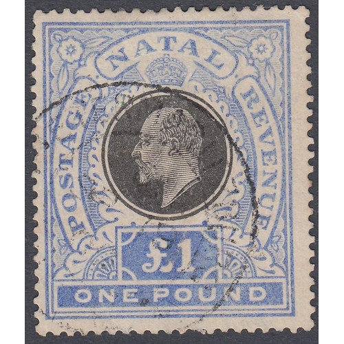 585 - STAMPS NATAL 1902 £1 Black and Blue good used, slight toning SG 142