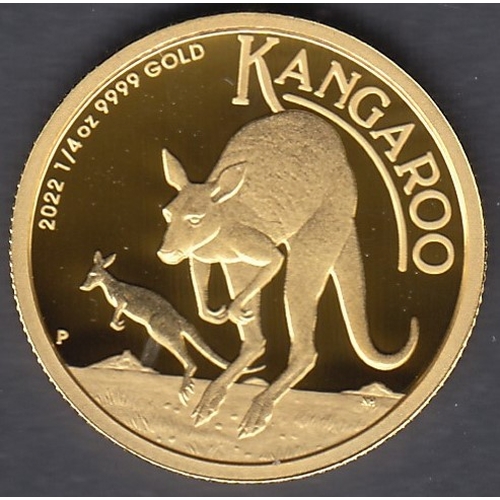 5 - COINS : 2022 1/4oz Gold Proof coin Australia Kangaroo (Pure gold) 24ct boxed with cert 296 Pert mint