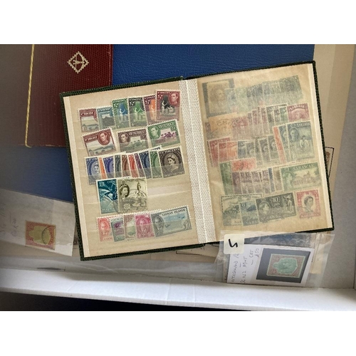 96 - STAMPS : BRITISH COMMONWEALTH, a shallow box with album pages, stockcards, stockbooks etc. A useful ... 