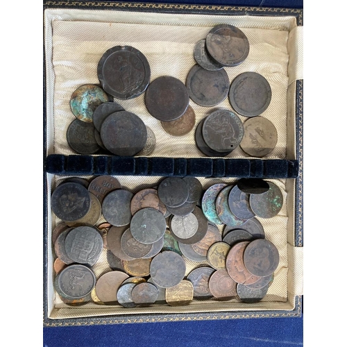 27 - COINS : Old coins in jewellery case, very mixed condition, Cartwell Pennies etc