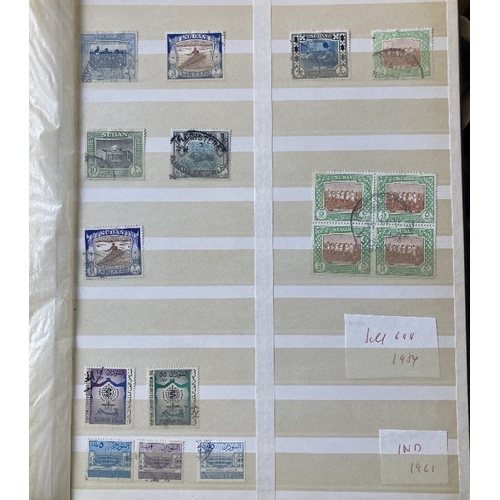 51 - STAMPS : MIDDLE EAST, box with mint & used in six stockbooks. Includes Iran, Iraq, Jordan, Saudi, Ku... 