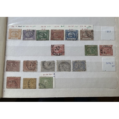 51 - STAMPS : MIDDLE EAST, box with mint & used in six stockbooks. Includes Iran, Iraq, Jordan, Saudi, Ku... 