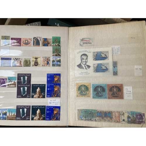 51 - STAMPS : MIDDLE EAST, box with mint & used in six stockbooks. Includes Iran, Iraq, Jordan, Saudi, Ku... 