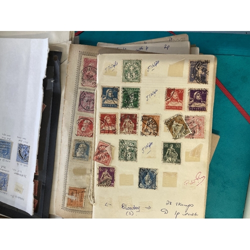 72 - STAMPS : Mixed box of old approval books and album pages, mixed condition but some finds still to be... 