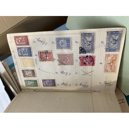 72 - STAMPS : Mixed box of old approval books and album pages, mixed condition but some finds still to be... 