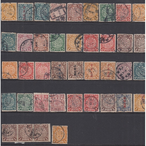 432 - STAMPS CHINA : Stock page of used coiled dragons to 20c, postmark interest (41 stamps)