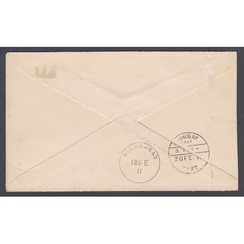 156 - STAMPS AIRMAIL 1911 First Aerial Post INDIA, Allahabad to Bombay on plain envelope with 1a stamp, ca... 