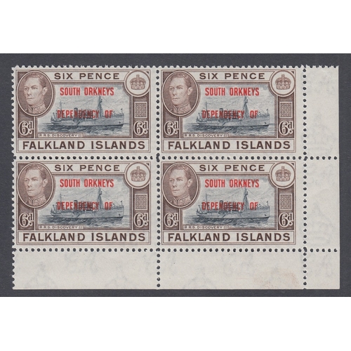 470 - STAMPS SOUTH ORKNEYS 1944 6d Blue-Black and Brown, unmounted mint corner block of four SG C6a