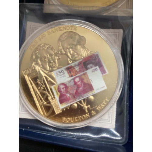 12 - COINS : British Bank Note medals in display case. Gold plated with colour enamel bank note images (6... 