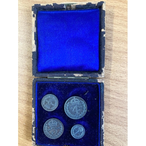 16 - COINS : MAUNDY Money , 1900 4d, 3d, 1d plus an 1867 3d in a 1905 box !!