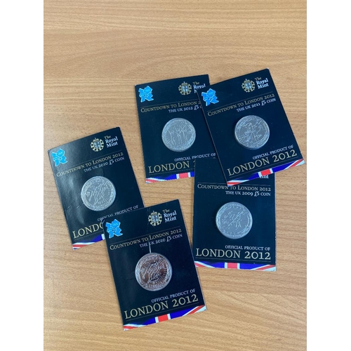 25 - COINS : 2010-11 Countdown to London £5 coins uncirculated in presentation packs (5)