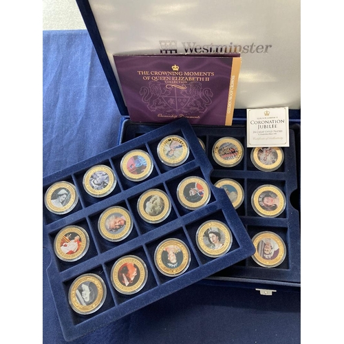 10 - COINS : Gold plated set of crowns celebrating the life of Her Majesty the Queen, various coloured en... 