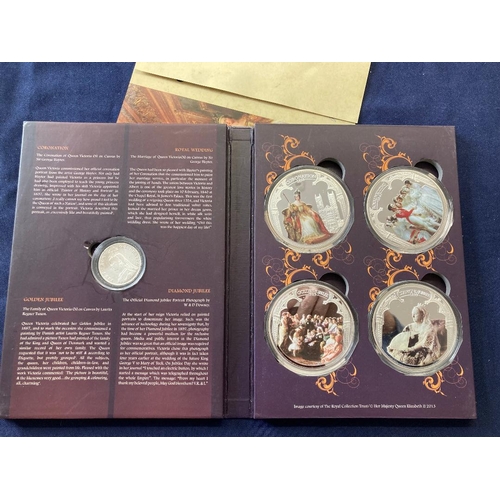 13 - COINS : Large Silver plated enameled medals celebrating Queen Victoria in display case