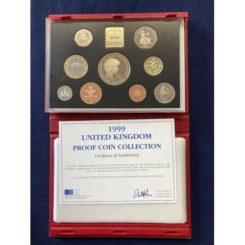 14 - COINS : 1999 Delux Proof UK coin set with Diana £5 Rugby £2