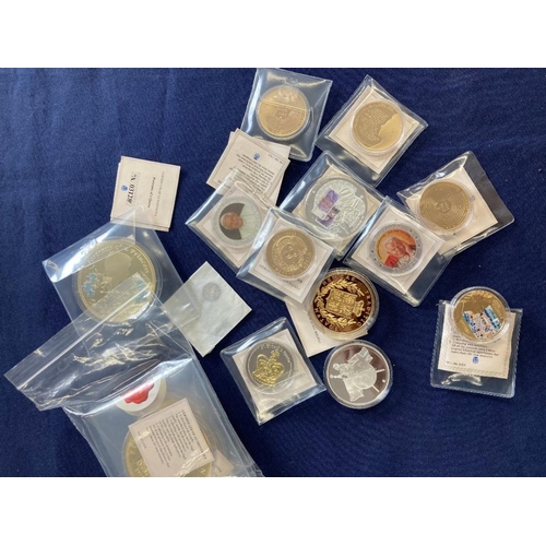 4 - COINS : Box of various display sets of commemorative coins/medals many Gold plated with enamel image... 