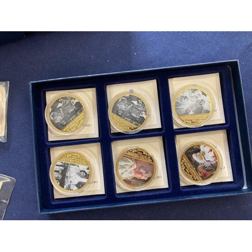 4 - COINS : Box of various display sets of commemorative coins/medals many Gold plated with enamel image... 