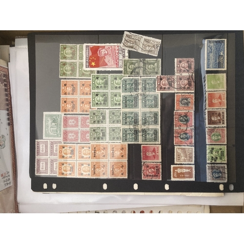 459 - STAMPS CHINA Box with various old album pages, covers and loose stamps 100's