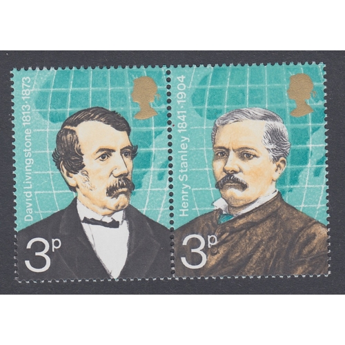 127 - STAMPS : GREAT BRITAIN 1973 3p Explorers , unmounted mint se-tenant pair LIGHT ORANGE omitted. with ... 