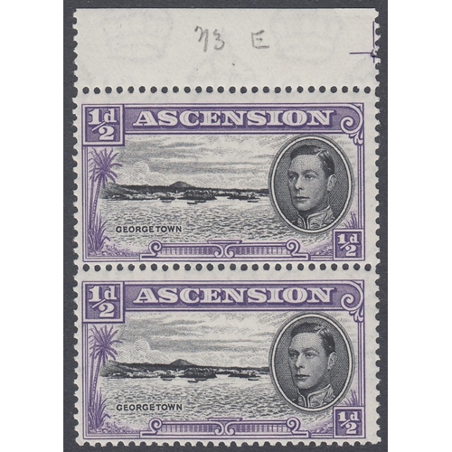 129 - STAMPS ASCENSION 1938 GVI 1/2d black & violet, perf 13, upper marginal U/M vertical pair. The lower ... 