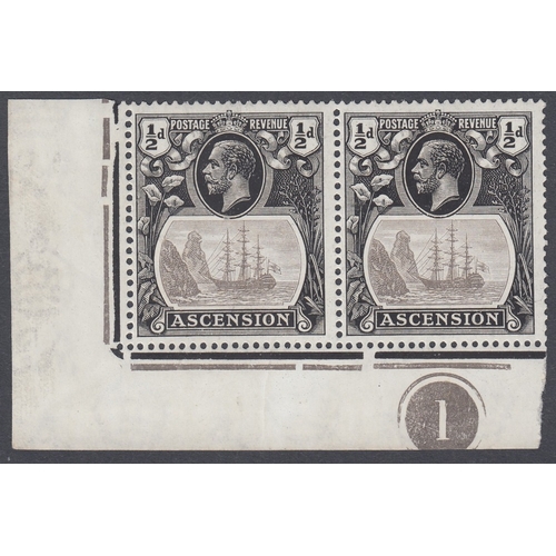 130 - STAMPS ASCENSION 1924 GV Badge issue, 1/2d grey-black & black, corner marginal Plate 1 pair, the lef... 