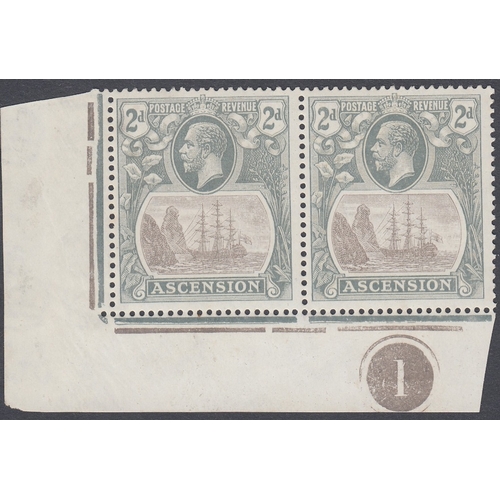 132 - STAMPS ASCENSION 1924 GV Badge issue, 2d grey-black & grey, in corner marginal Plate 1 pair, the lef... 