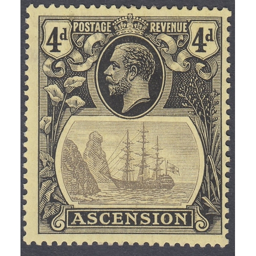 131 - STAMPS ASCENSION 1924 GV Badge issue, 4d grey-black & black/yellow, with 'Broken Mainmast' variety, ... 