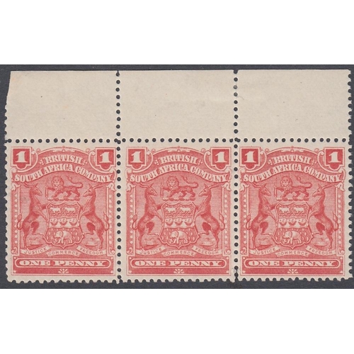 530 - STAMPS RHODESIA : 1905 1d Red, unmounted mint marginal strip of three (mounted in margin) SG 78