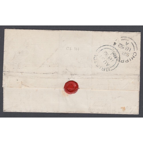 162 - STAMPS GREAT BRITAIN 1852 wrapper from Bristol to Chippenham, with 4 margin Penny Red cancelled by B... 