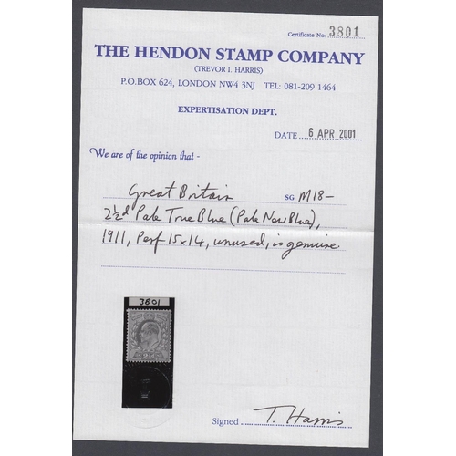 217 - STAMPS GREAT BRITAIN 1911 2 1/2d Pale True Blue (unlisted), fine lightly mounted mint with Hendon Ce... 