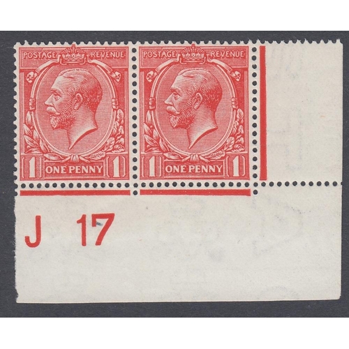 230 - STAMPS GREAT BRITAIN 1917 1d Scarlet Vermilion superb unmounted mint J17 Control pair RPS Cert