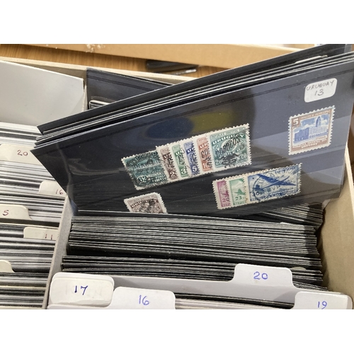 16 - STAMPS : Flat box of World stamps on stock cards, many 100's unchecked, great sorter lot, sure to re... 