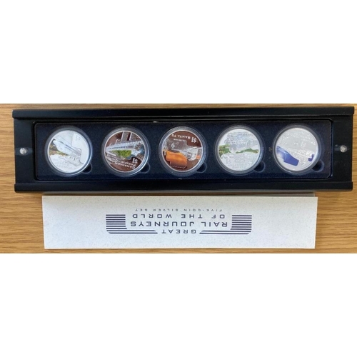 645 - COINS 2004 Great Rail Journeys Five Silver 1oz coins from Cook Islands in special display case, incl... 