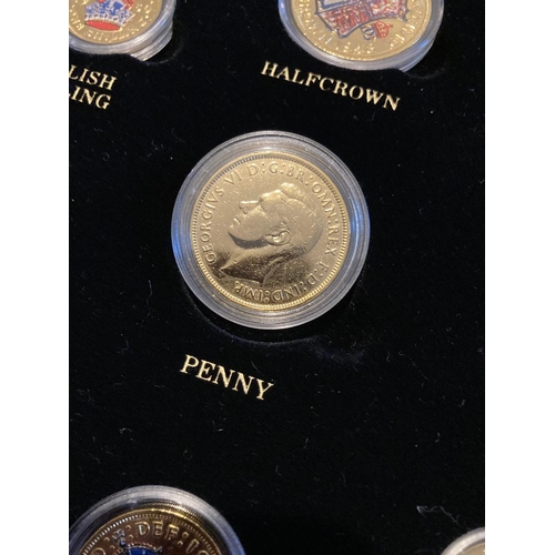 620 - COINS Display case with Gold coloured (may be plated) versions of pre-decimal coins of GVI