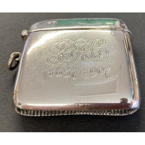 567 - COLLECTABLE Silver hallmarked vesta case with monogram and date 1857-1907 on front 35.6g