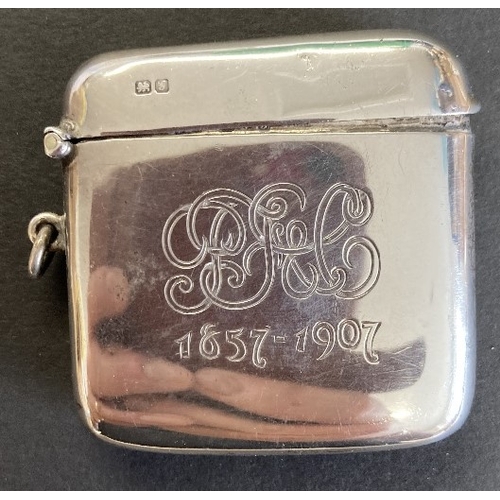 567 - COLLECTABLE Silver hallmarked vesta case with monogram and date 1857-1907 on front 35.6g