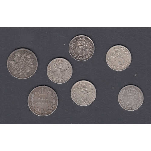 612 - COINS Seven early UK silver coins, five 3d's and two 6d's