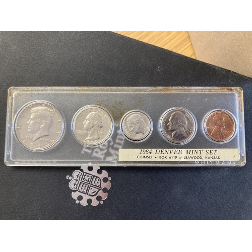 610 - COINS Small box of various coins and coin packs, including 2008 and 2005 proof sets, 1964 Denver min... 