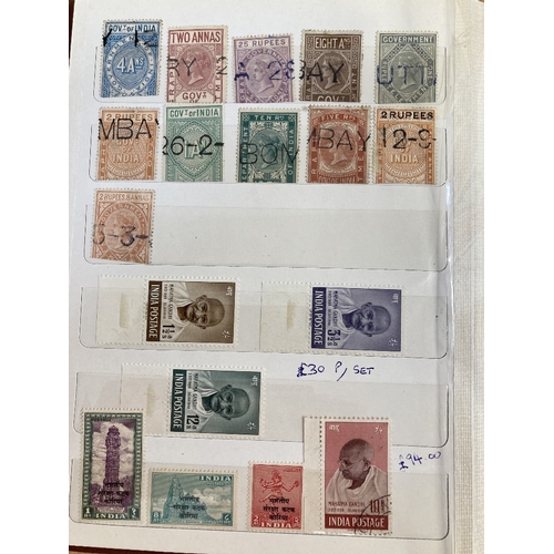 464 - STAMPS INDIA Small stockbook of mint and used including better stamps such as Ghandi 10r mint and us... 