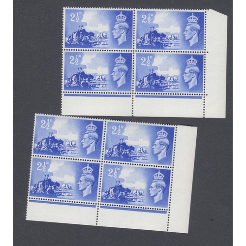 206 - STAMPS GREAT BRITAIN 1948 Liberation 2 1/2d in two corner blocks of four showing broken wheel flaw o... 