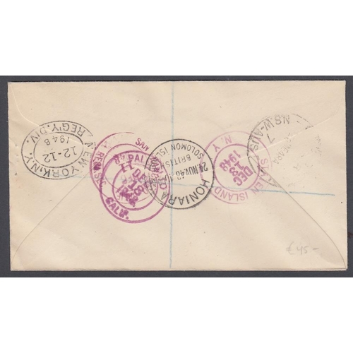 270 - STAMPS BRITISH SOLOMON ISLANDS 1948 10/- Sage Green and Magenta on registered cover addressed to New... 