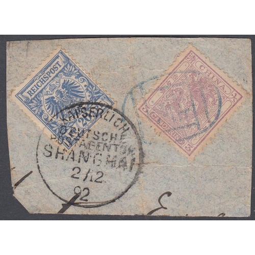 284 - STAMPS CHINA . 1892 small piece with a double franking including 1888 3 Candarin Dragon and a 20pf G... 