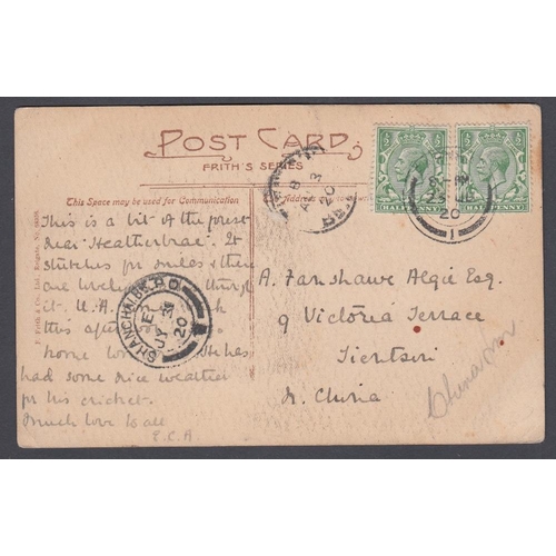 290 - STAMPS CHINA 1920 Postcard from Farnham UK to Tienstsin Northern China with Shanghai BR PO transit m... 