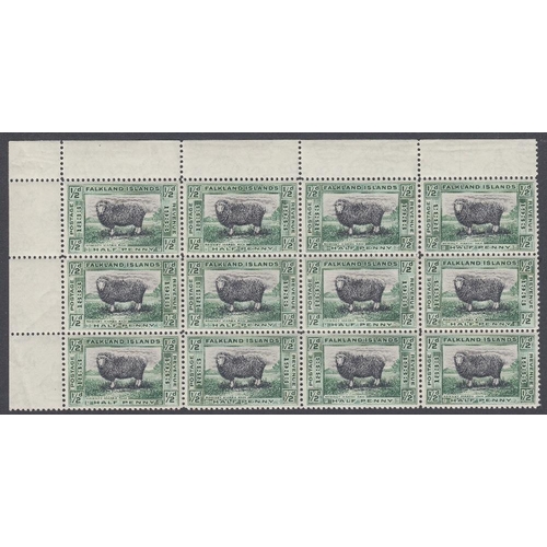 299 - STAMPS FALKLANDS 1933 Centenary, 1/2d black & green value in an U/M corner marginal block of 12 stam... 