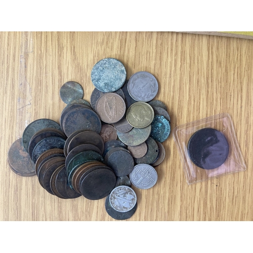 497 - Mixed box with tins of old coins, including UK and foreign, 1797 Cartwheel Penny, QV to GV pennies n... 