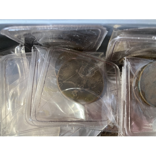 497 - Mixed box with tins of old coins, including UK and foreign, 1797 Cartwheel Penny, QV to GV pennies n... 