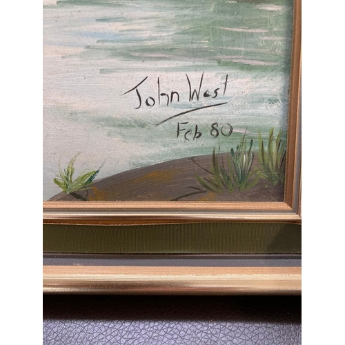 587 - PICTURES Framed painting of canal boat on board signed John West Feb 80