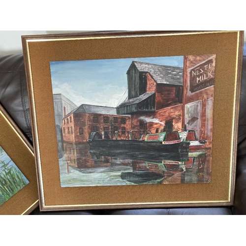 585 - PICTURES Pair of large paintings on board of canal boats by J West