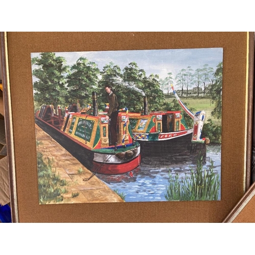 585 - PICTURES Pair of large paintings on board of canal boats by J West