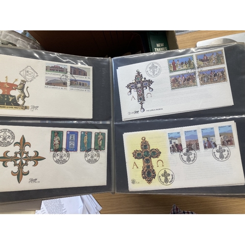 82 - STAMPS CHARITY Large glory box of albums, pages covers etc. Worldwide,. Being sold on behalf of 